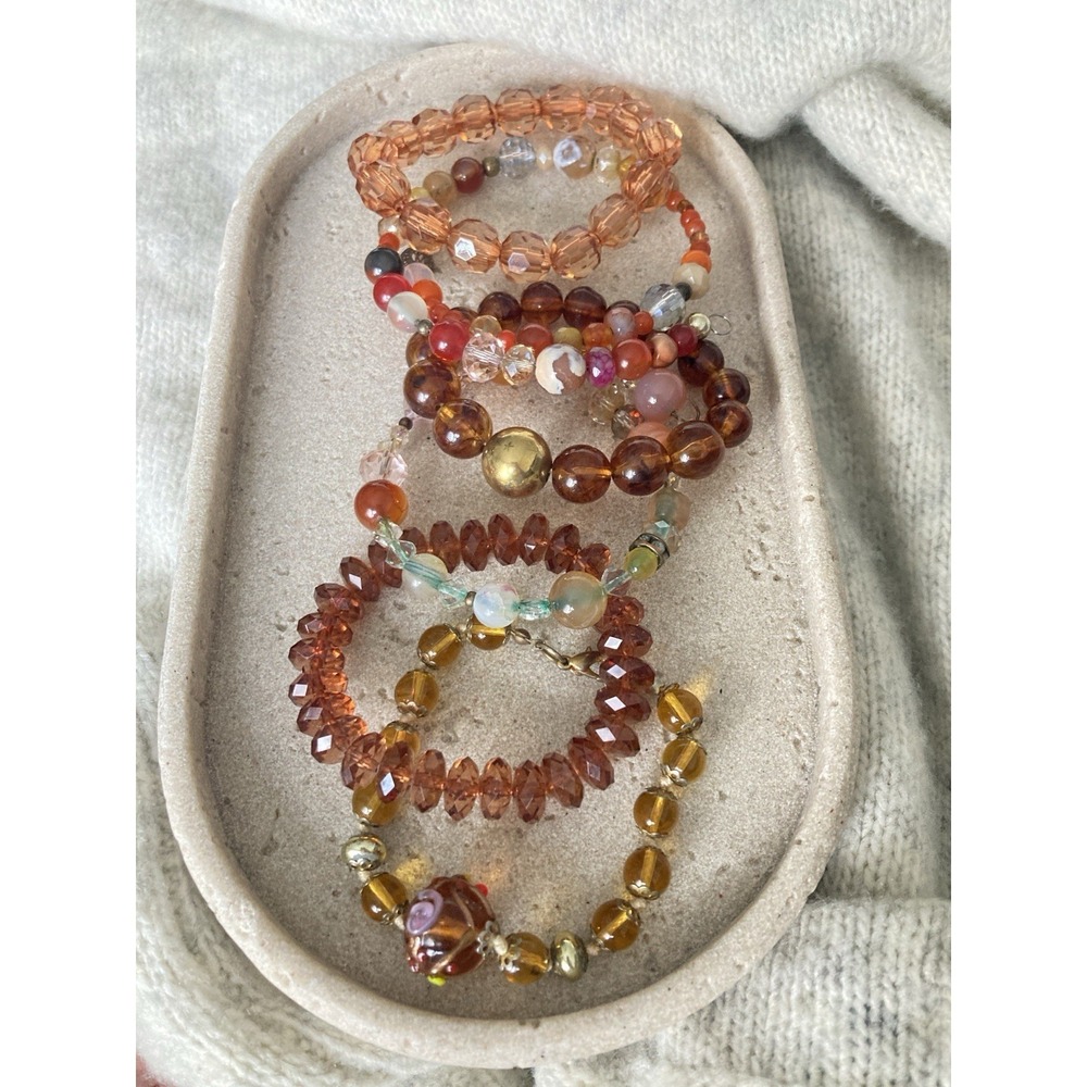 Boho Beaded Bracelet Lot Peach Amber Orange Stretch Stack Artsy Whimsical 5pc
